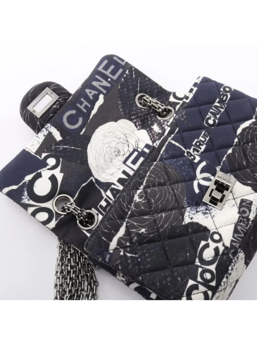 Chanel Shoulder Bag 2.55 Mini Quilted Camellia Graffiti Mademoiselle Chain Navy